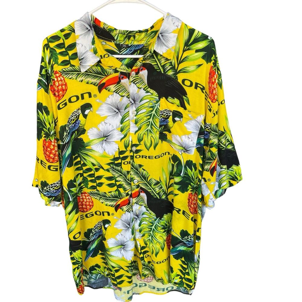 Oregon Duck Hawaiian Button Up Shirt Men 2X XXL Colorful Tropical Bird Pineapple
